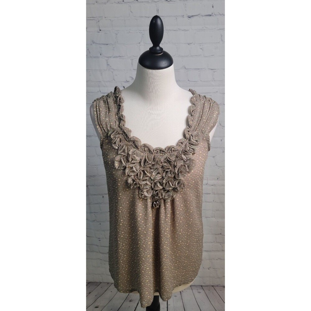 Dahiny Sleeveless Blouse size Sm Ruffled Neck Dotted Pattern Brown Flowy